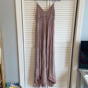 Floor length, pink dress